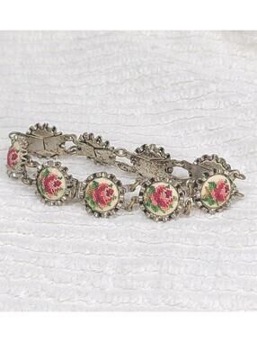 Vintage 1950s Needlepoint Bracelet Micro Embroidery Rose Retro Silver Wave Link